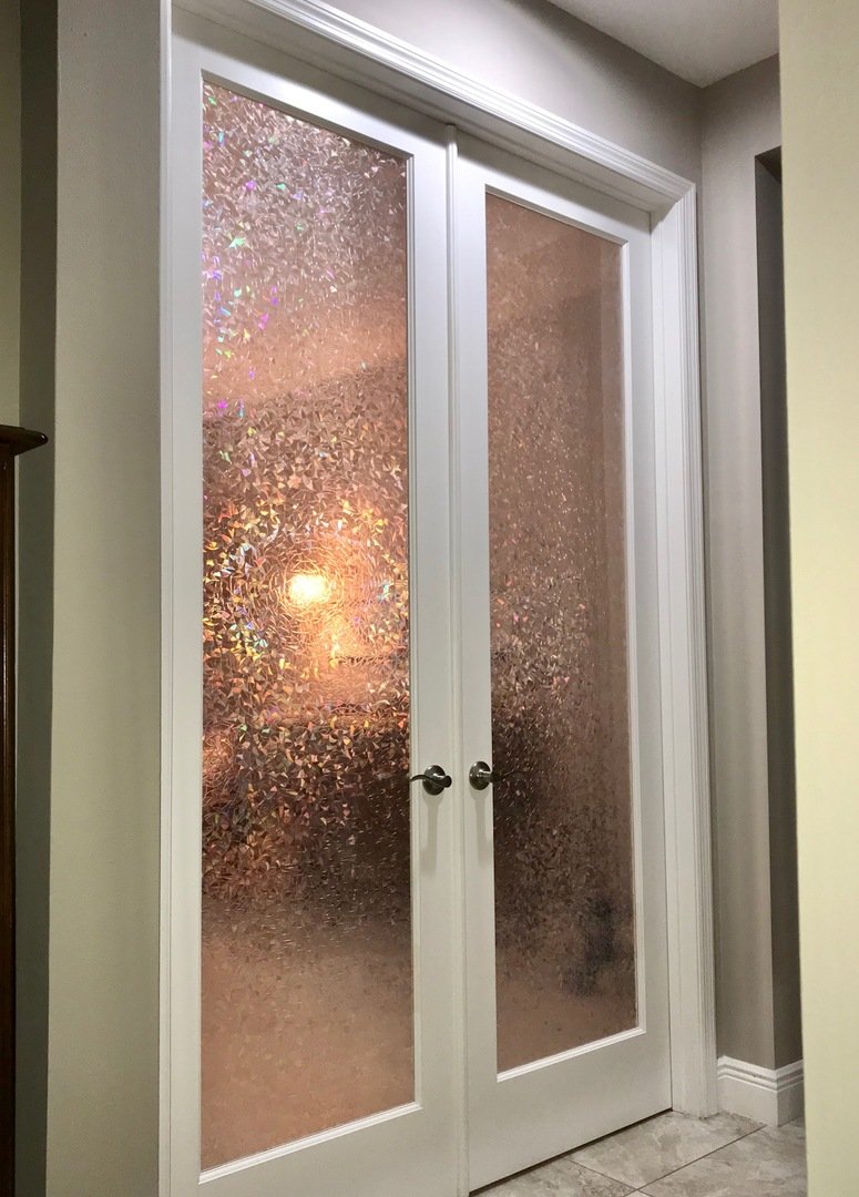 French double doors with SX-SC514 Atlantis rose-gold ripple decorative film glowing with backlight